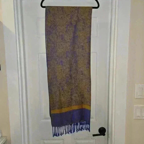 Pashmina Paisley Jaquard Scarf Pashmina Silk Blue Gold Tan - Picture 3 of 3